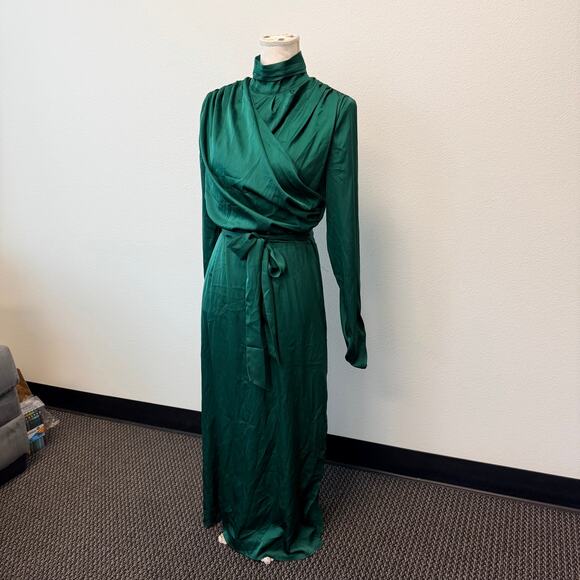 Alexa Admor Emerald Green Long Dress Rouched Sleeve High Neck Draped Satin Sz 8 - Picture 2 of 14